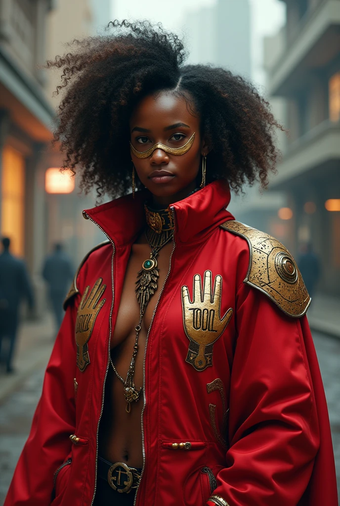 Curl hair. Beautiful teen Kenyan woman. Hero outfit color red. She wears a mask. She wears a jacket but make it heroic outfit. Hand logo on her hero outfit. EXTRAVAGANT FUTURISTIC JACKET. SHOW FULL PERSON. REALISTIC