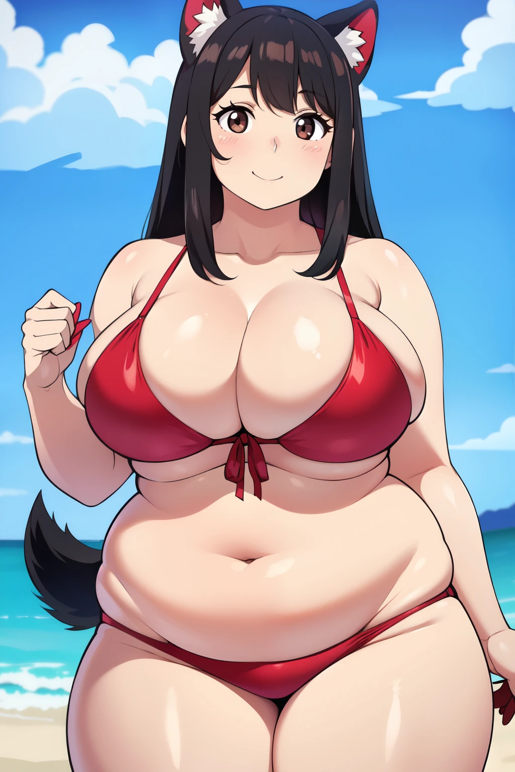 Plump big breasts black hair brown eyes happy longer hair smile blushing deredere red bikini girl dog ear dog tail dog