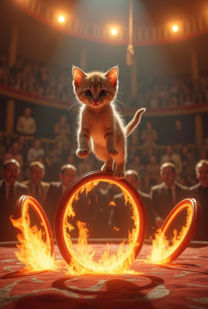 Next, the ringmaster introduces the kitten to a series of hoops, each one slightly higher than the last. With a flick of a baton, the first hoop is set ablaze, its flames dancing in the air. The kitten hesitates for a moment, but then, with a swift and graceful leap, it jumps through the flaming hoop, landing perfectly on the other side. The crowd erupts in applause, amazed by the kitten’s courage and agility.