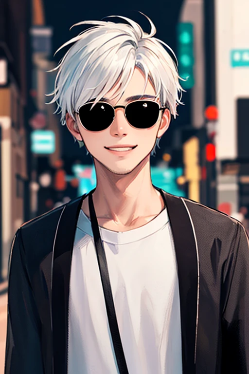 ((masterpiece)), (((best quality))), chromatic lighting,
colorized, white + black limited color palette,
detailed concept drawing,
Shibuya street fashion, no weird object on his face,
portrait, 20yo 1guy, slender, sunglasses, short white hair, black eyes, smiling