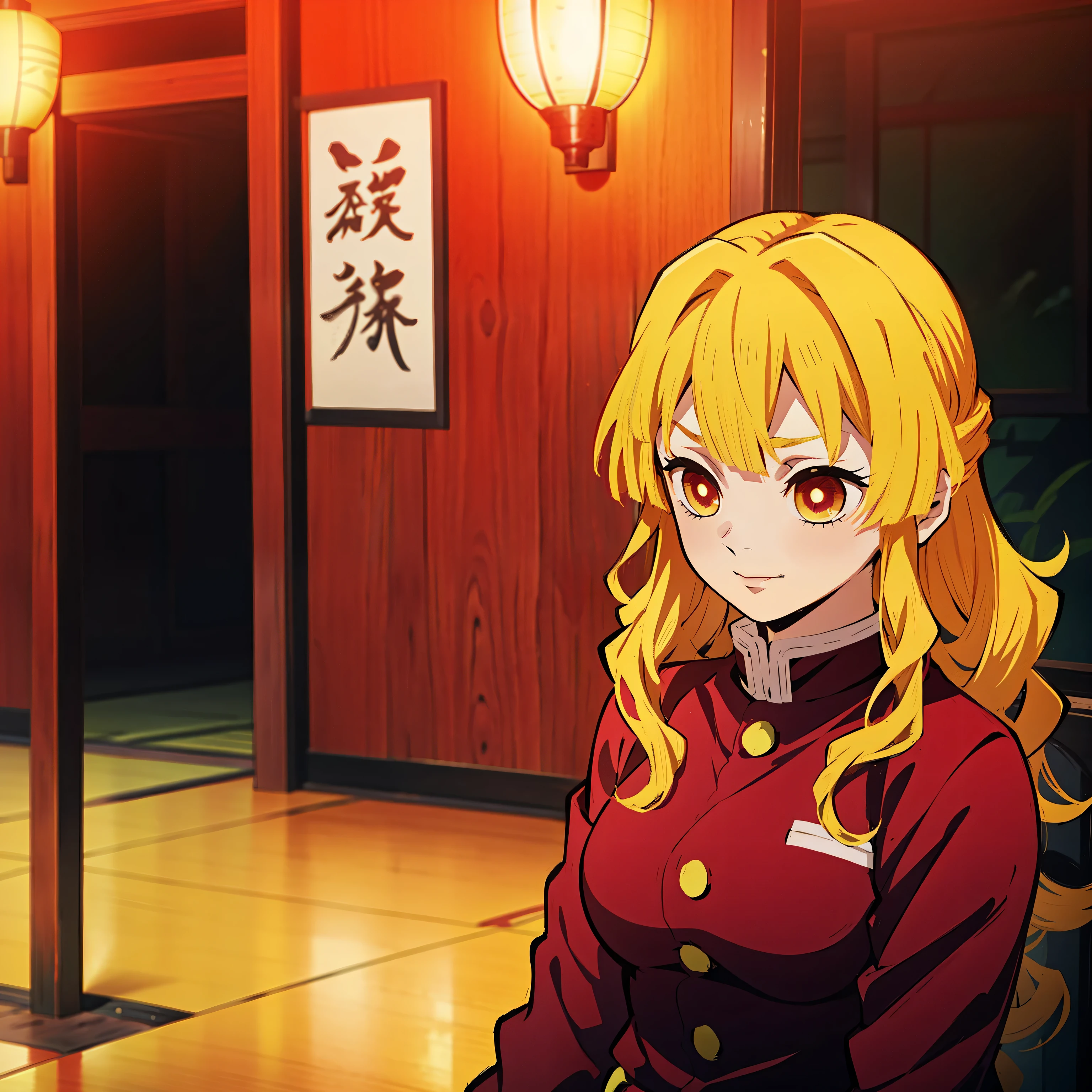 Kimetsu no Yaiba style, 1 girl, a hashira, pretty, red and yellow hair, cute, active, enthusiastic, Demon Slayer Pillar, wearing the uniform of the demon slayer group