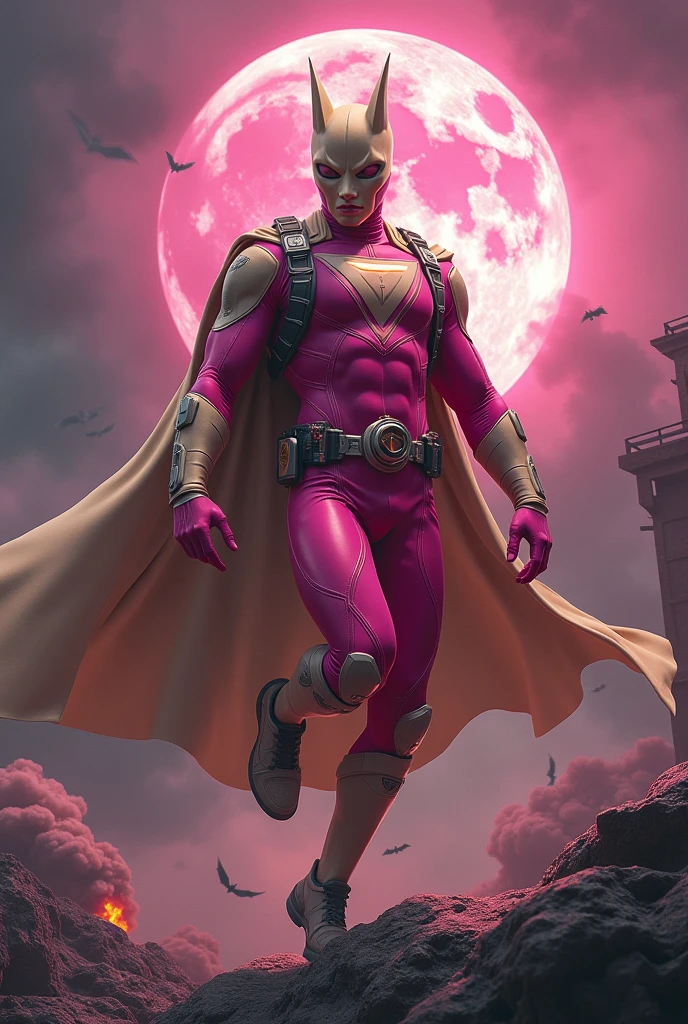 Malaysia man in high-tech suit, vivid effects, malaysian superhero(( (KELUANG MAN)) in a striking pink and brown beige costume cyberpunk design((, mask small mini bat ear beige,))(( daredevil batman mask biege))jumpsuit dark pink stands confidently in a dramatic.jumping from high place.hero costume.one hand rise up. (Big triangle logo on the chest.high detail Punisher logo on the chest)). jumping from hight place. Fighting pose , stormy landscape. ((Head covered node guard like batman.)) Running pose , athletic body type, small mini ear bat mask))The character wears domino mask a helmet with pointed mini torn ears and a flowing cape biege, open nose and mouth. Equipped with visible futuristic weapons on a belt,bullet proof jacket pink dark day.show fingers pose, dark night, big supermoon effect . Small logo on chest triangle shape small ((mitch gerads punisher ))logo center triangle cyber logo center on chest pink logo mini logo Casey Jones mask on the logo on chest. )). rocky. Building top.smoke ground , bomb effect background((, losse pants, losses costume.))adding to --ar 3:4 --style raw --stylize 500 --v 6.1. chaos. Lot of small flying bat. Hand glove. One leg on the high stone. Man. Backpack . Real man age 40 year old. One hand holding belt. Jump from high place. Open cape.two hand holding pistol