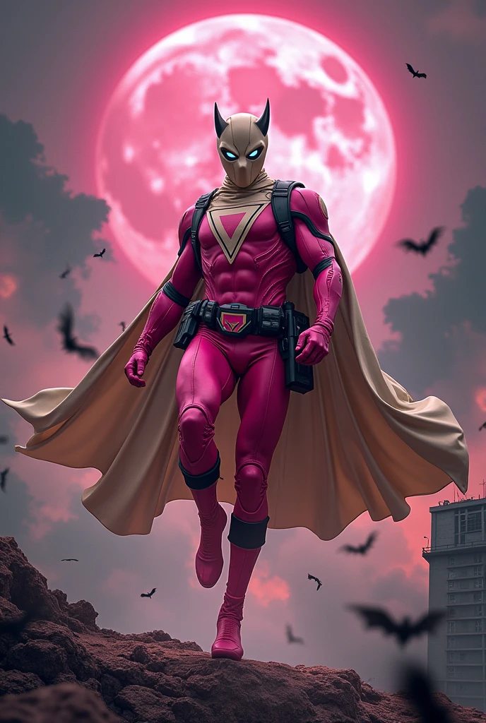 Malaysia man in high-tech suit, vivid effects, malaysian superhero(( (KELUANG MAN)) in a striking pink and brown beige costume cyberpunk design((, mask small mini bat ear beige,))(( daredevil batman mask biege))jumpsuit dark pink stands confidently in a dramatic.jumping from high place.hero costume.one hand rise up. (Big triangle logo on the chest.high detail Punisher logo on the chest)). jumping from hight place. Fighting pose , stormy landscape. ((Head covered node guard like batman.)) Running pose , athletic body type, small mini ear bat mask))The character wears domino mask a helmet with pointed mini torn ears and a flowing cape biege, open nose and mouth. Equipped with visible futuristic weapons on a belt,bullet proof jacket pink dark day.show fingers pose, dark night, big supermoon effect . Small logo on chest triangle shape small ((mitch gerads punisher ))logo center triangle cyber logo center on chest pink logo mini logo Casey Jones mask on the logo on chest. )). rocky. Building top.smoke ground , bomb effect background((, losse pants, losses costume.))adding to --ar 3:4 --style raw --stylize 500 --v 6.1. chaos. Lot of small flying bat. Hand glove. One leg on the high stone. Man. Backpack . Real man age 40 year old. One hand holding belt. Jump from high place. Open cape.two hand holding pistol