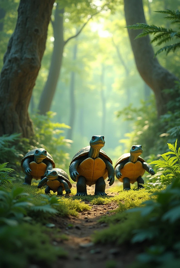 Family of 5 turtles walking through the forest