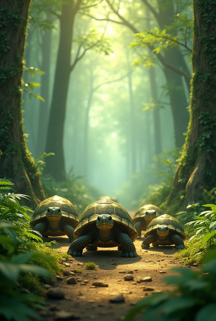 Family of 5 turtles walking through the forest
