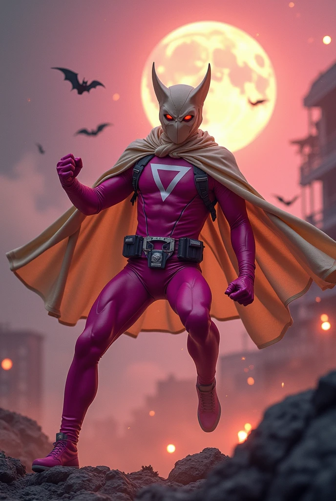 Malaysia man in high-tech suit, vivid effects, malaysian superhero(( (KELUANG MAN)) in a striking pink and brown beige costume cyberpunk design((, mask small mini bat ear beige,))(( daredevil batman mask biege))jumpsuit dark pink stands confidently in a dramatic.jumping from high place.hero costume.one hand rise up. (Big triangle logo on the chest.high detail Punisher logo on the chest)). jumping from hight place. Fighting pose , stormy landscape. ((Head covered node guard like batman.)) Running pose , athletic body type, small mini ear bat mask))The character wears domino mask a helmet with pointed mini torn ears and a flowing cape biege, open nose and mouth. Equipped with visible futuristic weapons on a belt,bullet proof jacket pink dark day.show fingers pose, dark night, big supermoon effect . Small logo on chest triangle shape small ((mitch gerads punisher ))logo center triangle cyber logo center on chest pink logo mini logo Casey Jones mask on the logo on chest. )). rocky. Building top.smoke ground , bomb effect background((, losse pants, losses costume.))adding to --ar 3:4 --style raw --stylize 500 --v 6.1. chaos. Lot of small flying bat. Hand glove. One leg on the high stone. Man. Backpack . Real man age 40 year old. One hand holding belt. Jump from high place. Open cape.two hand holding pistol