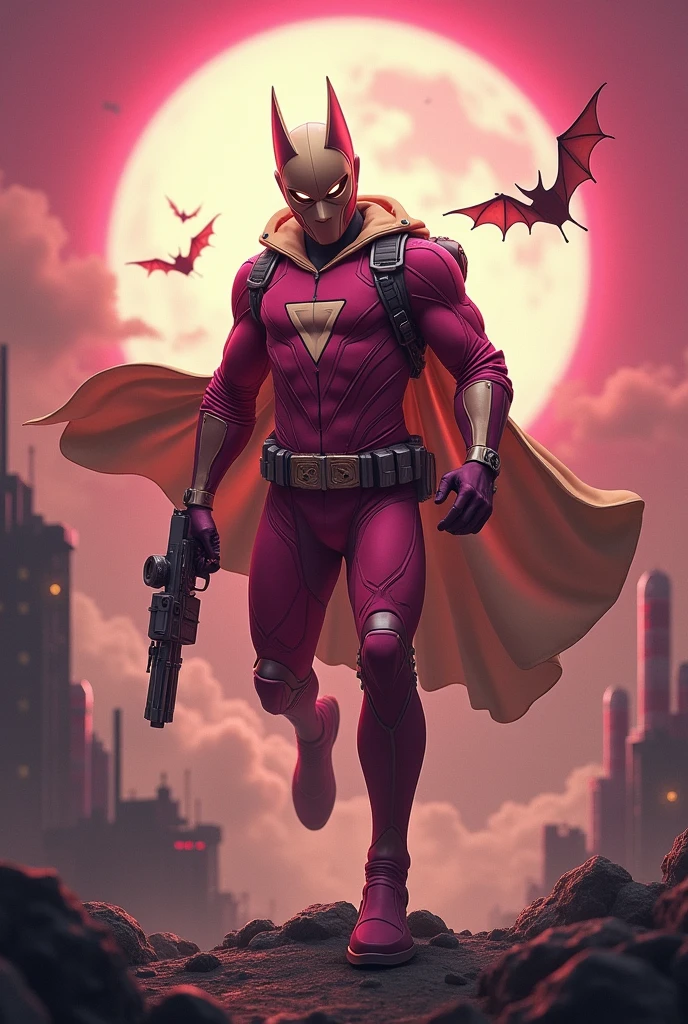 Malaysia man in high-tech suit, vivid effects, malaysian superhero(( (KELUANG MAN)) in a striking pink and brown beige costume cyberpunk design((, mask small mini bat ear beige,))(( daredevil batman mask biege))jumpsuit dark pink stands confidently in a dramatic.jumping from high place.hero costume.one hand rise up. (Big triangle logo on the chest.high detail Punisher logo on the chest)). jumping from hight place. Fighting pose , stormy landscape. ((Head covered node guard like batman.)) Running pose , athletic body type, small mini ear bat mask))The character wears domino mask a helmet with pointed mini torn ears and a flowing cape biege, open nose and mouth. Equipped with visible futuristic weapons on a belt,bullet proof jacket pink dark day.show fingers pose, dark night, big supermoon effect . Small logo on chest triangle shape small ((mitch gerads punisher ))logo center triangle cyber logo center on chest pink logo mini logo Casey Jones mask on the logo on chest. )). rocky. Building top.smoke ground , bomb effect background((, losse pants, losses costume.))adding to --ar 3:4 --style raw --stylize 500 --v 6.1. chaos. Lot of small flying bat. Hand glove. One leg on the high stone. Man. Backpack . Real man age 40 year old. One hand holding belt. Jump from high place. Open cape.two hand holding pistol