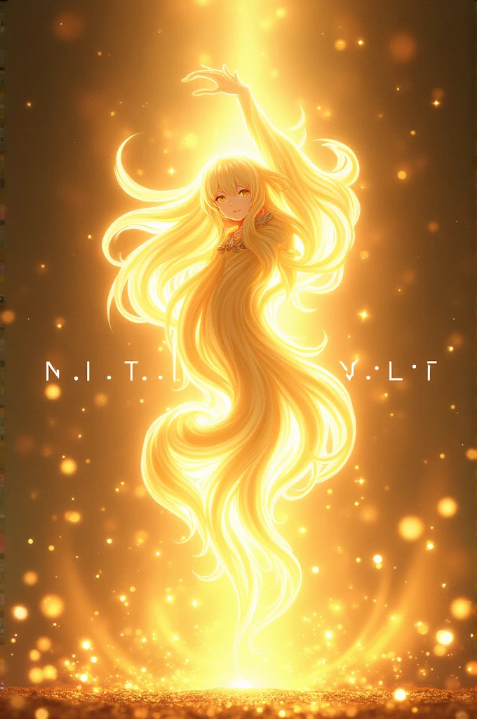 An anime whose outline is with white glowing light and the background in the back is gold or sparkling and in the bottom gold is rising and its age is written "Victory Vault" that too with white glowing light 