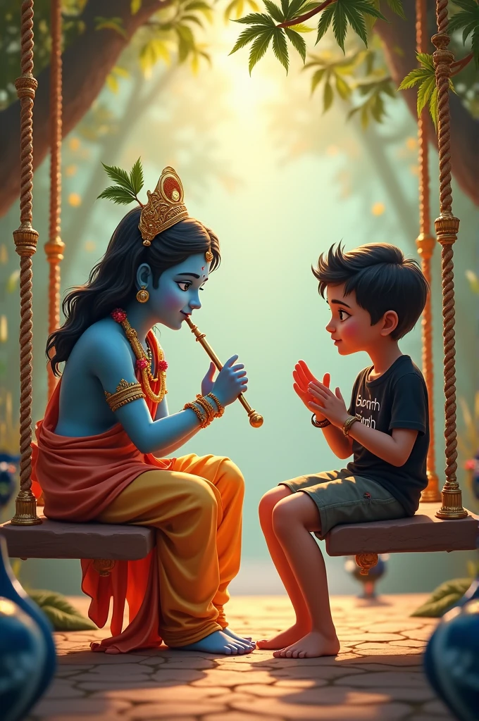 Create 3D image of 1 Indian devotional boy sitting next to Krishna ji and Krishna ji is playing flute, they both are on swing and swing is nicely decorated and sitting together, boy is wearing black color T-shirt with name “samarth singh” written on it, heaven like beautiful scene background, peacock dance, realistic image and boy is bare feet.