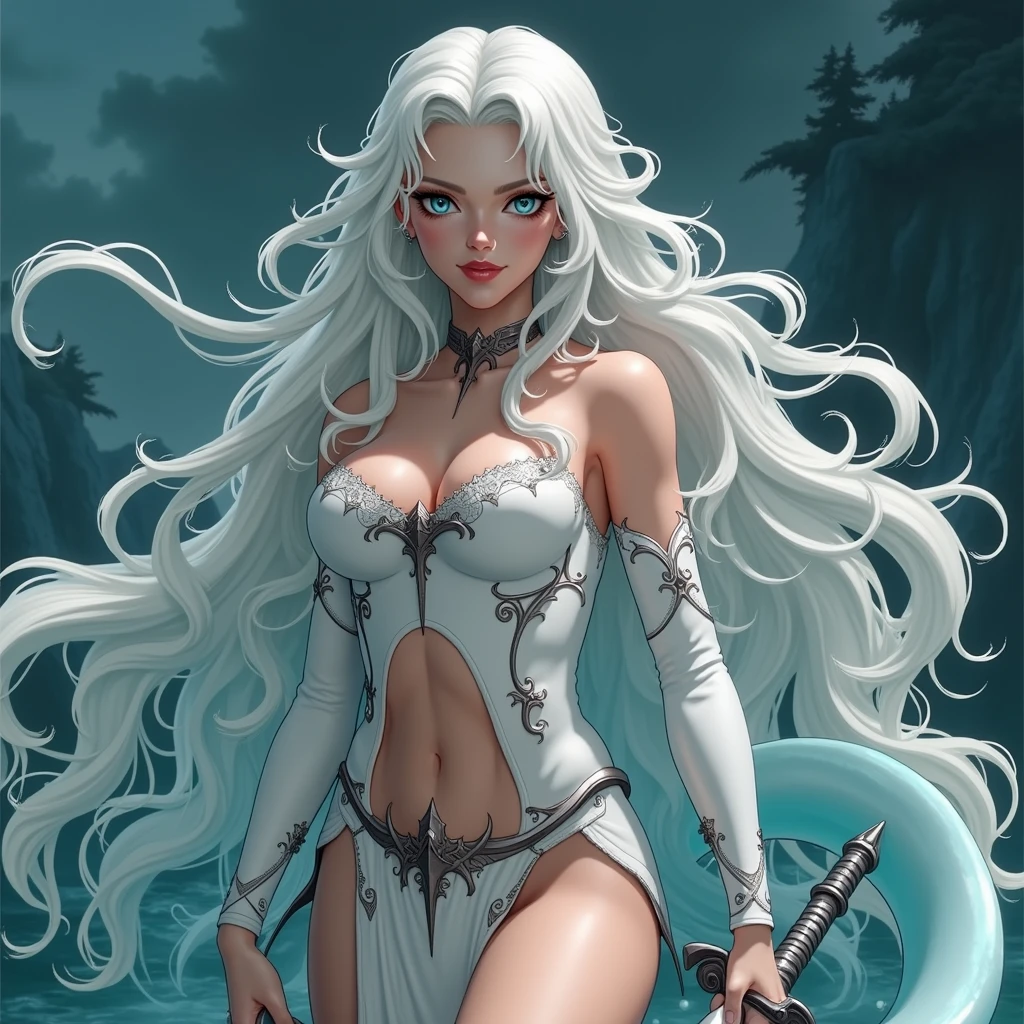 Name: Leviathan 
Gender: Female 
Age: ???
Appearance: long curly white hair + ocean blue eyes + full pink lips + small, soft breasts + thin waist + thick thighs + nice ass + tone + flat stomach + slightly muscular + soft, golden brown skin + fangs 
Race: Demon
Power(s): Water (Dark Sea, Blood)
Weapon: Sword