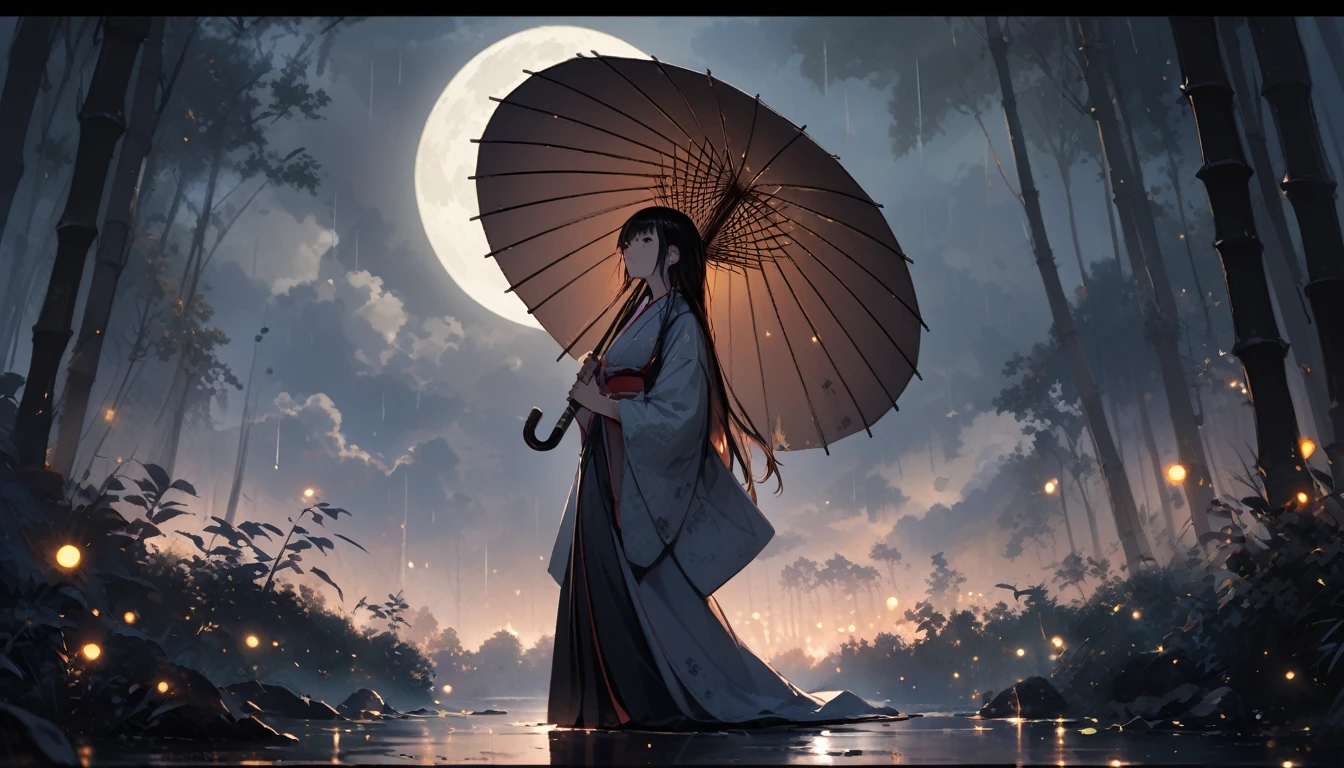 Dynamic ink painting of a Japanese bamboo forest, Great Art, Very deep, Ground shooting, The most beautiful bamboo forest in the world, The bamboo leaves soaked in rain sparkle, moon\(Light blue\) Light clouds cover,Solitary, Beautiful 1girl\(Ancient Japanese nobles, Beautiful kimono, Beautiful long black hair\) looking up at the moon holding an umbrella,Drizzle, fireflies flying around, Three-dimensional bamboo leaves in the foreground, Long Shot,colorless