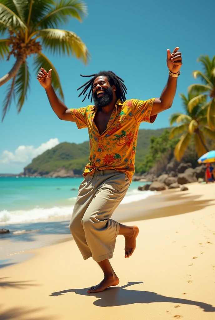 Make a picture of a 50 year old man, dancing reggae on the beach, mixed skin color, beard to shave, glad. Straight hair not dreadlocks, grizzled
