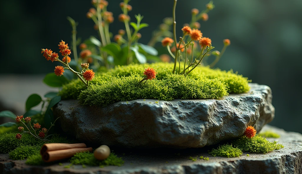 on a base rock with moss, bergamot, patchouli and cinnamon behind with dark light