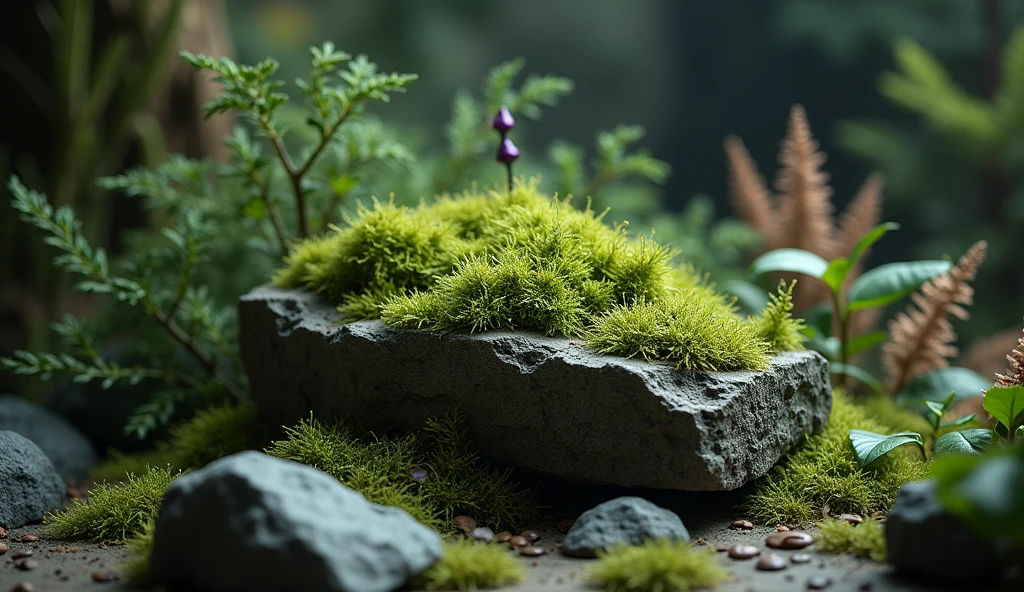 on a base rock with moss, bergamot, patchouli and cinnamon behind with dark light