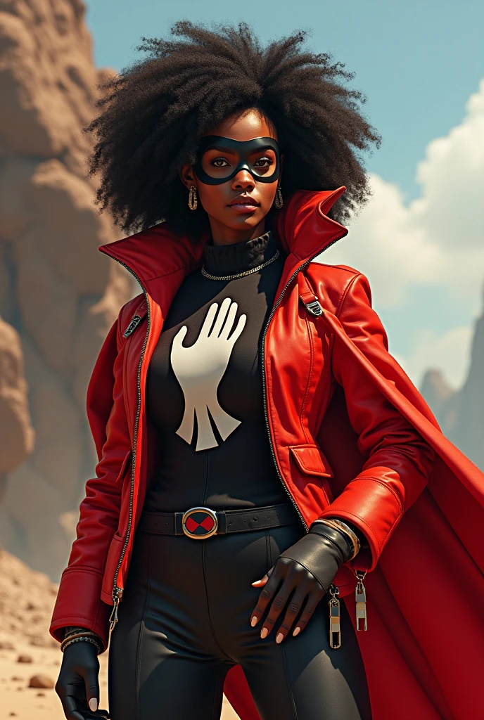 Curl hair. Beautiful  Kenyan woman. Hero outfit color red. She wears a mask. She wears a jacket but make it heroic outfit. Hand logo on her hero outfit. EXTRAVAGANT FUTURISTIC JACKET. SHOW FULL PERSON. REALISTIC 