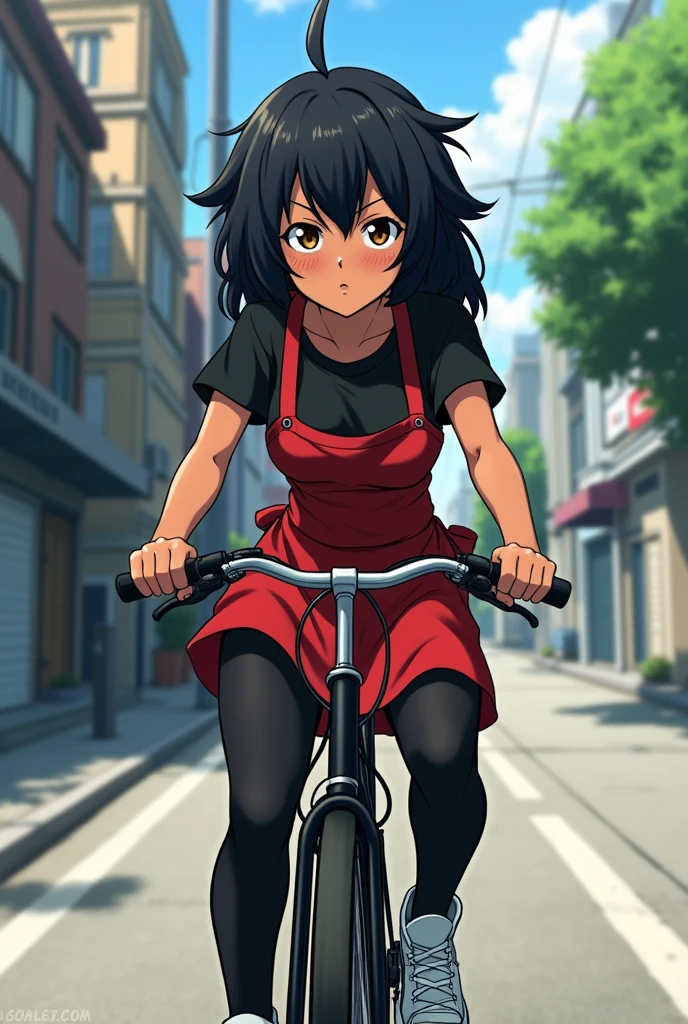"An anime style girl, about 20 years old, with dark skin and a somewhat robust complexion, having masculine features. Her hair is long, Black and messy, with brown pupils and noticeable dark circles. He wears a black shirt, a red apron, black pants and white tennis shoes. The background is a street and I would be riding a black bicycle with white wheels.." complete