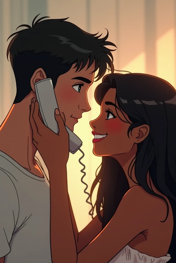 Create an animated image, which on one side has a man talking in love on the phone, looking away, and on the other side a girl with dark skin, with loose hair, and a friendly smile talking on the phone, looking away