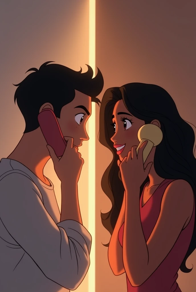 Create an animated image, which on one side has a man talking in love on the phone, looking away, and on the other side a girl with dark skin, with loose hair, and a friendly smile talking on the phone, looking away