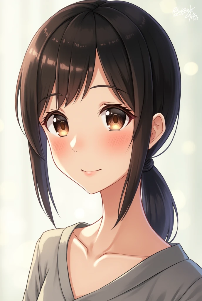 Close-up on facial expression: a big smile:1.9 Apartment Room Ponytail:1.9 Black short hair, straight hair, hair tie　Brown eyes, tall, strong, tall and slender, large breasts, narrow eyes, big eyes, bright eyes, beautiful, voluptuous