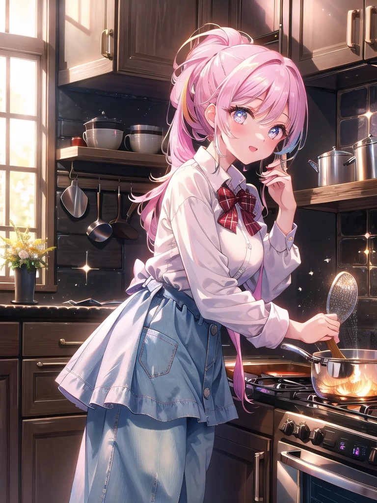 ((8k, Highest quality, masterpiece: 1.3)),Ultra-high resolution,(1 girl, alone), (Color changing eyes, Ultra-detailed, Expressive brilliance, Glitter, Glowing Eyes), Highly detailed eyes, Highly detailed face, Random Hair, ((pastel colour))Cooking Dinner Together
The kitchen is warm and inviting, with the soft glow of under-cabinet lighting illuminating the countertops. The woman is standing by the stove, stirring a pot with one hand while holding a recipe book in the other. She’s dressed in a white button-up shirt with the sleeves rolled up and dark skinny jeans, her hair tied back in a loose ponytail. She glances over at the camera, her eyes twinkling with a mixture of focus and amusement, as if sharing an inside joke with her boyfriend.
