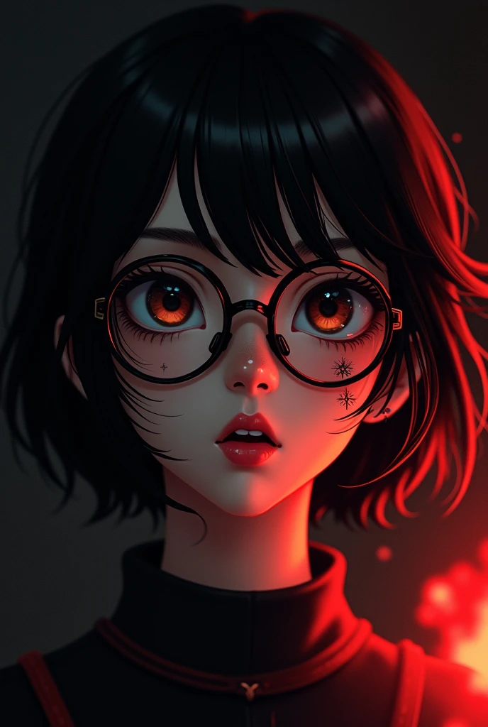 A 1 girl with short black hair who wears glasses and has a lip piercing and a very pretty chubby nose with some scratches on her right cheek and on her left.. Background that is black with red fused