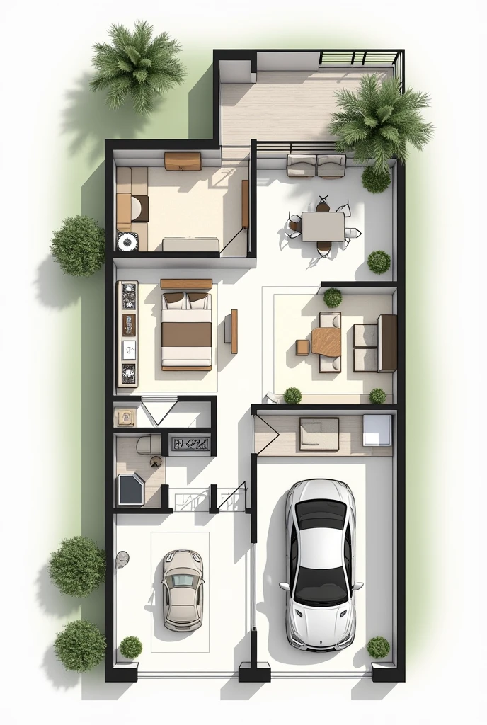project, floor plan, modern architecture of a 3 bedroom house with suites, integrated living and dining room, garage for two cars, banhiro social, fitted kitchen with island in the middle for cooking, winter garden, all ground floor, Private open balcony-style area in the largest master bedroom with walk-in closet.