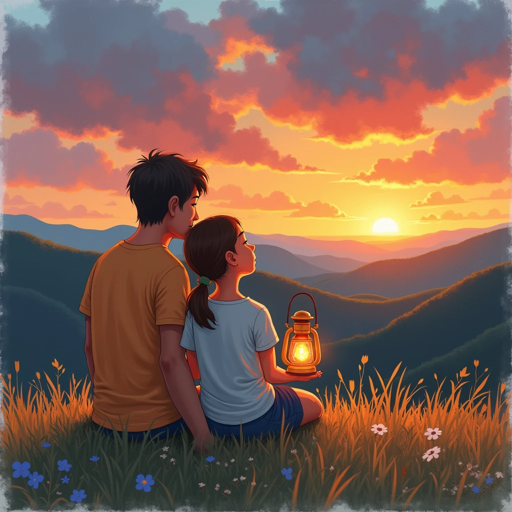 Hand-drawn illustration of a parent and child sitting together on a hill, watching the sunset. The child holds a small, glowing lantern, symbolizing hope and resilience. The background features a serene landscape with rolling hills and a colorful sky, representing the journey of parenting