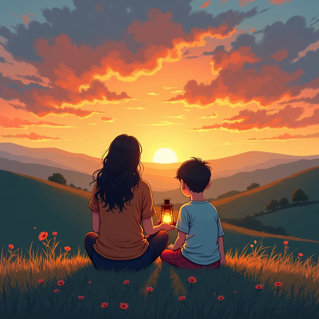 Hand-drawn illustration of a parent and child sitting together on a hill, watching the sunset. The child holds a small, glowing lantern, symbolizing hope and resilience. The background features a serene landscape with rolling hills and a colorful sky, representing the journey of parenting
