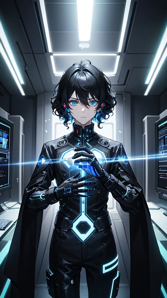 cybernetic gothic style, Setting: Control room full of holographic screens and electronic devices. Action: Young man with curly hair manipulates the holographic screens with his gloved hands. His mask emits small flashes of light as he accesses secret information, focused on the task.