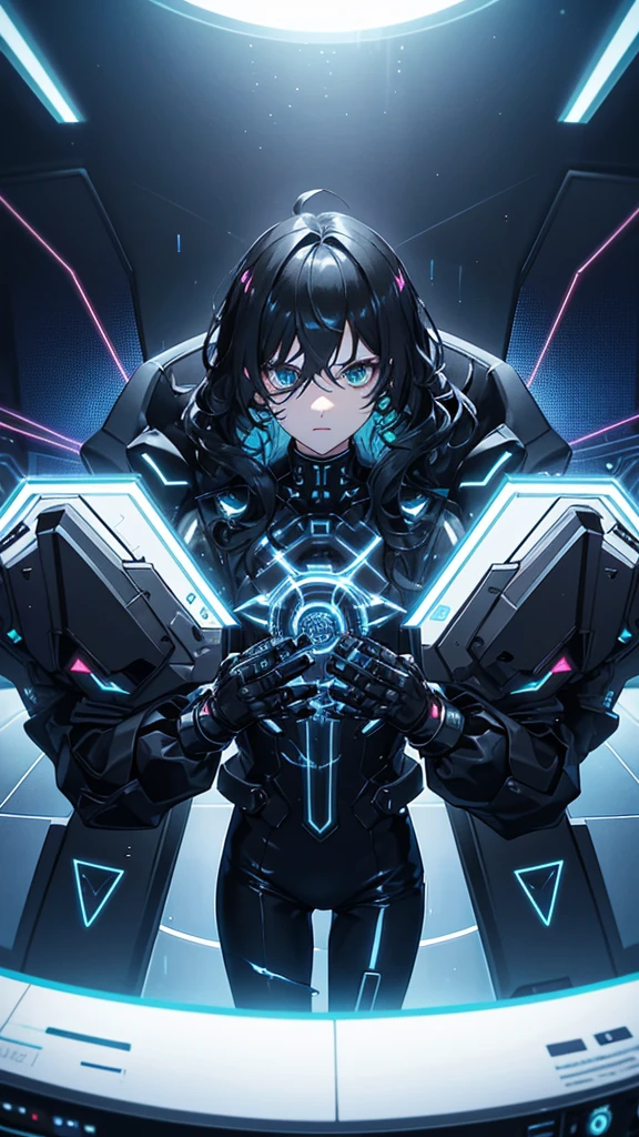 cybernetic gothic style, Setting: Control room full of holographic screens and electronic devices. Action: Young man with curly hair manipulates the holographic screens with his gloved hands. His mask emits small flashes of light as he accesses secret information, focused on the task.