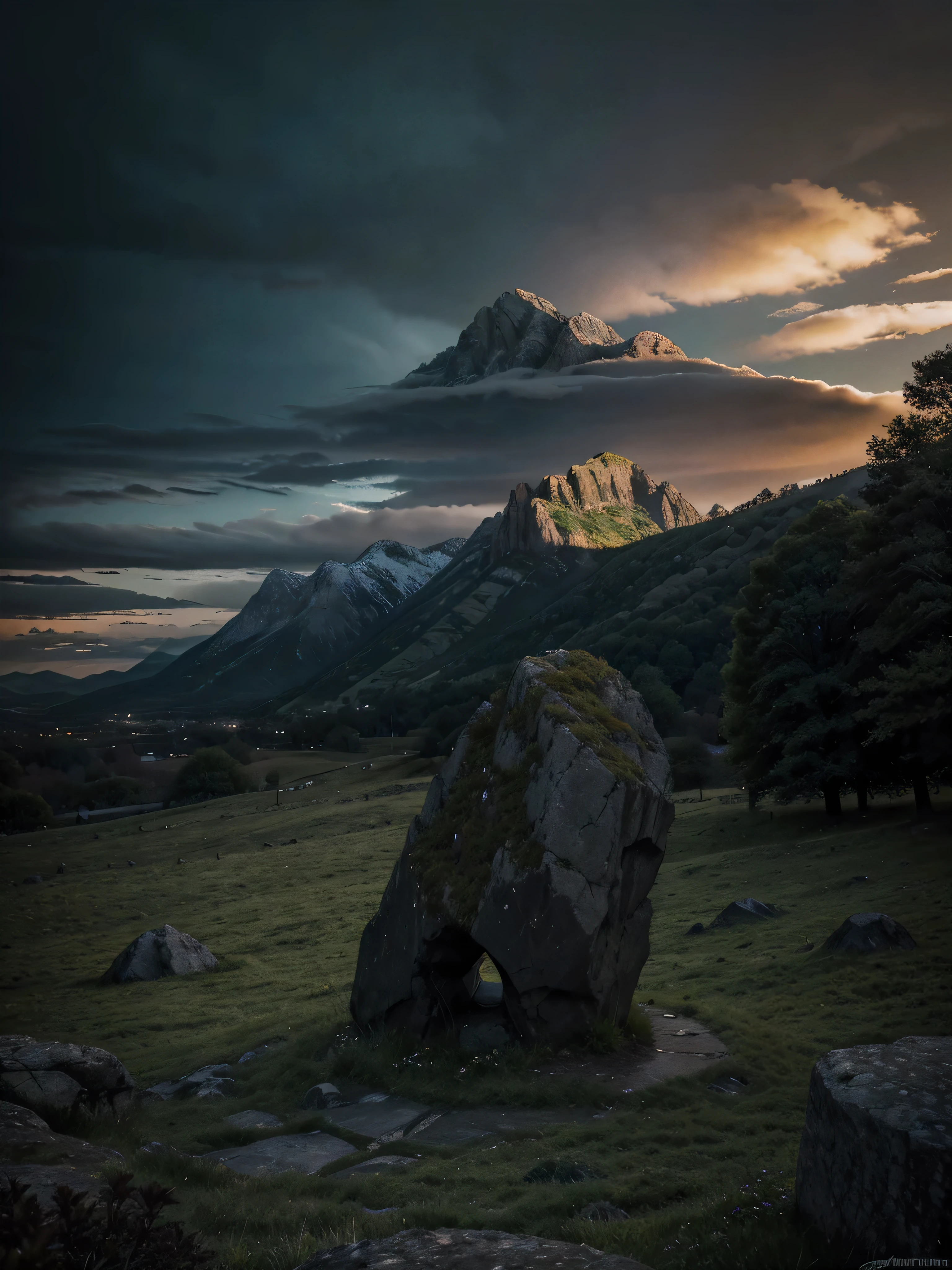 a rocky landscape with cold, dark time. green foliage. a large stone in the center. mountains in the background. Sky at dusk. Dark fantasy setting