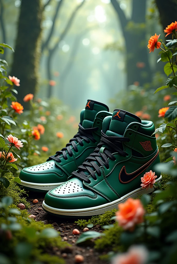 Nike Air Jordan Sneakers with Green Plants and Flowers grabbing you in the middle of an Enchanted Forest, with a streetwear-style background, ultra detailed, realistic, --AR 4:5 --V 6.1