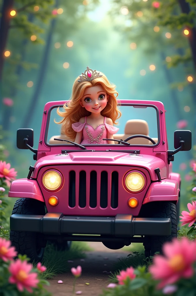 Pink jeep with a princess inside