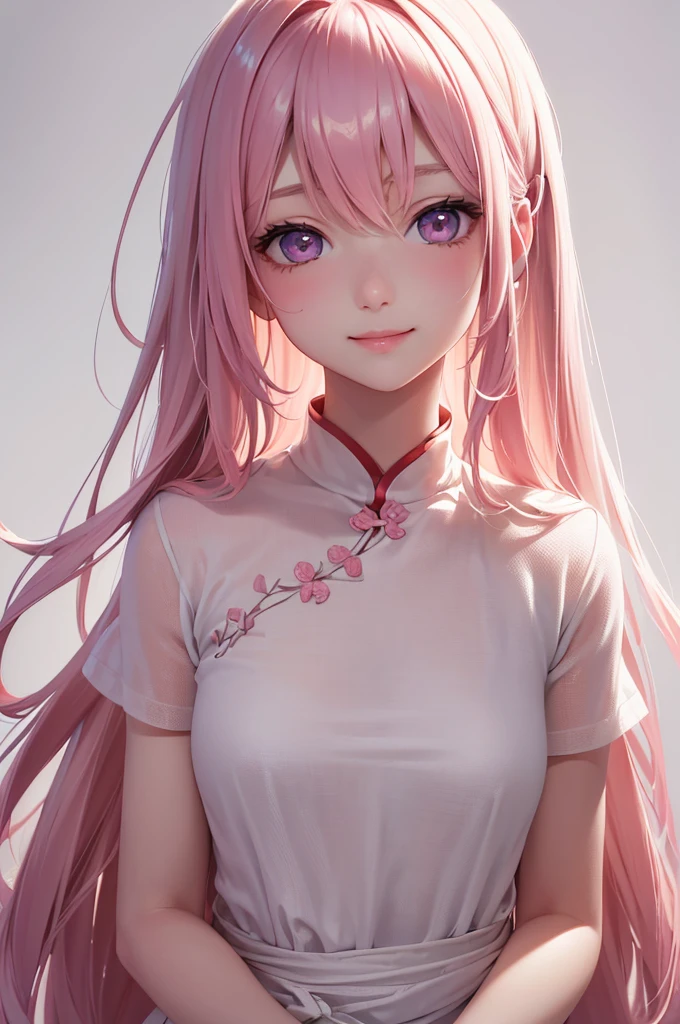 Best Quality,High resolution,8k,(plain white background, no patterns, no textures, just a plain white background:1.3),Masterpiece:1.2),beautiful girl,(focus face),Shiny pink hair,messy hair,Beautiful pink eyes,Cute Chinese dress,Gentle look,A refreshing look,smile,Best quality,Best Quality,Aesthetic and aesthetic:1.2,Best details((Super detailed))(High-definition CG illustrations),Slender body,smile,blush,cute,Scrounge,Looking up,Being spoiled,super model