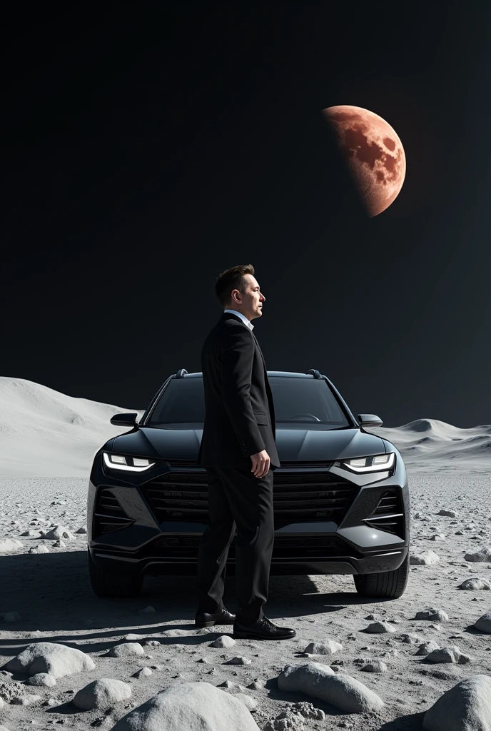 Elon Musk is standing on the moon in a black Chevrolet gentra looking at Mars