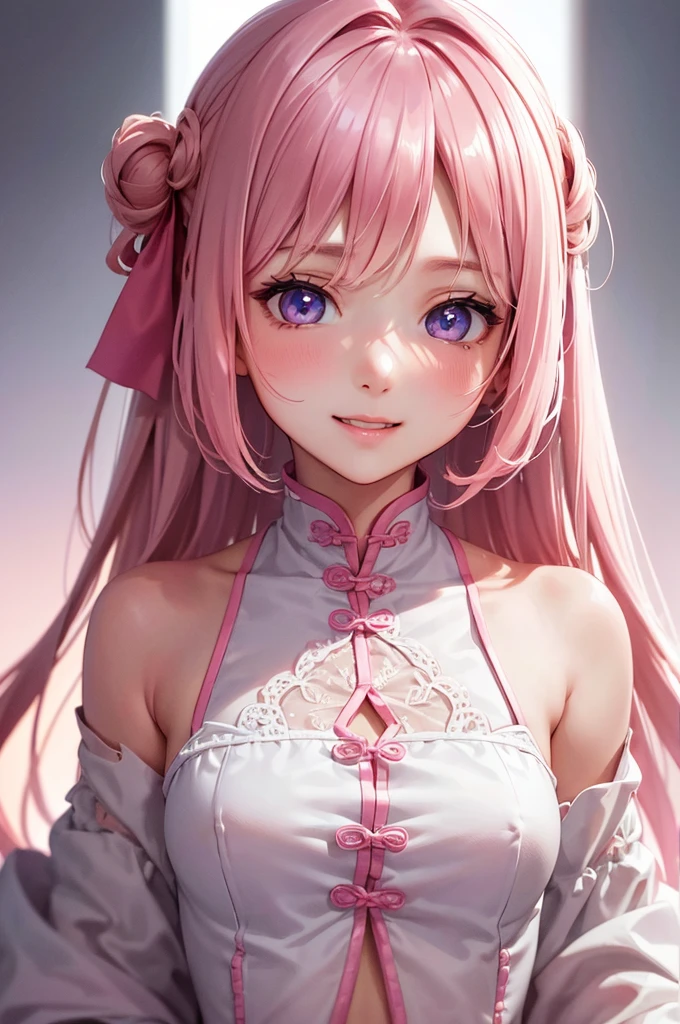 Best Quality,High resolution,8k,(plain white background, no patterns, no textures, just a plain white background:1.3),Masterpiece:1.2),beautiful girl,(focus face),Shiny pink hair,messy hair,Beautiful pink eyes,Cute Chinese dress,Gentle look,A refreshing look,smile,Best quality,Best Quality,Aesthetic and aesthetic:1.2,Best details((Super detailed))(High-definition CG illustrations),Slender body,smile,blush,cute,Scrounge,Looking up,Being spoiled,super model