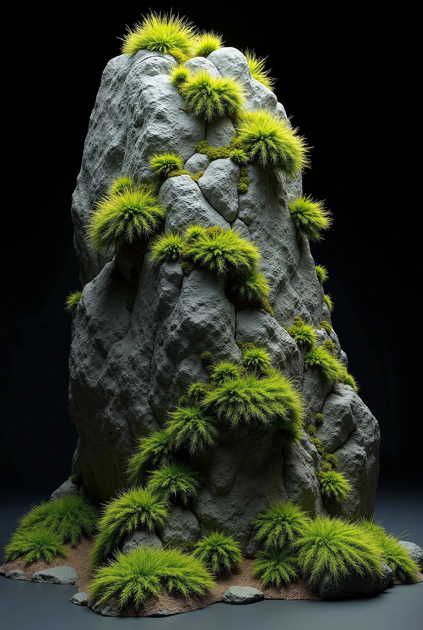 Gera a rocha super-realistically com musgos-de-ganito ((Bryophyte)) like a stone, NVIDIA GEFORCE RTX Iray Daz Studio PBR rendering, Physical global illumination Iray PBR 3D props as reference, black background, sample of props and assets for 3D
