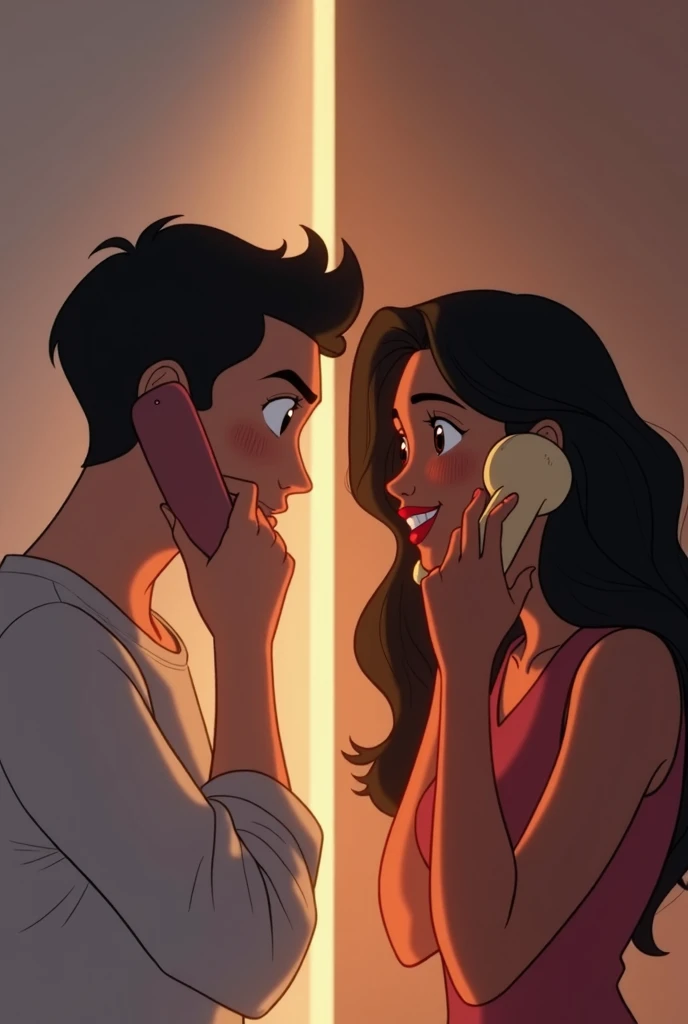 Create an animated image, which on one side has a man talking in love on the phone, looking away, and on the other side a girl with dark skin, with loose hair, and a friendly smile talking on the phone, looking away