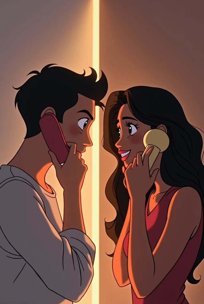 Create an animated image, which on one side has a man talking in love on the phone, looking away, and on the other side a girl with dark skin, with loose hair, and a friendly smile talking on the phone, looking away