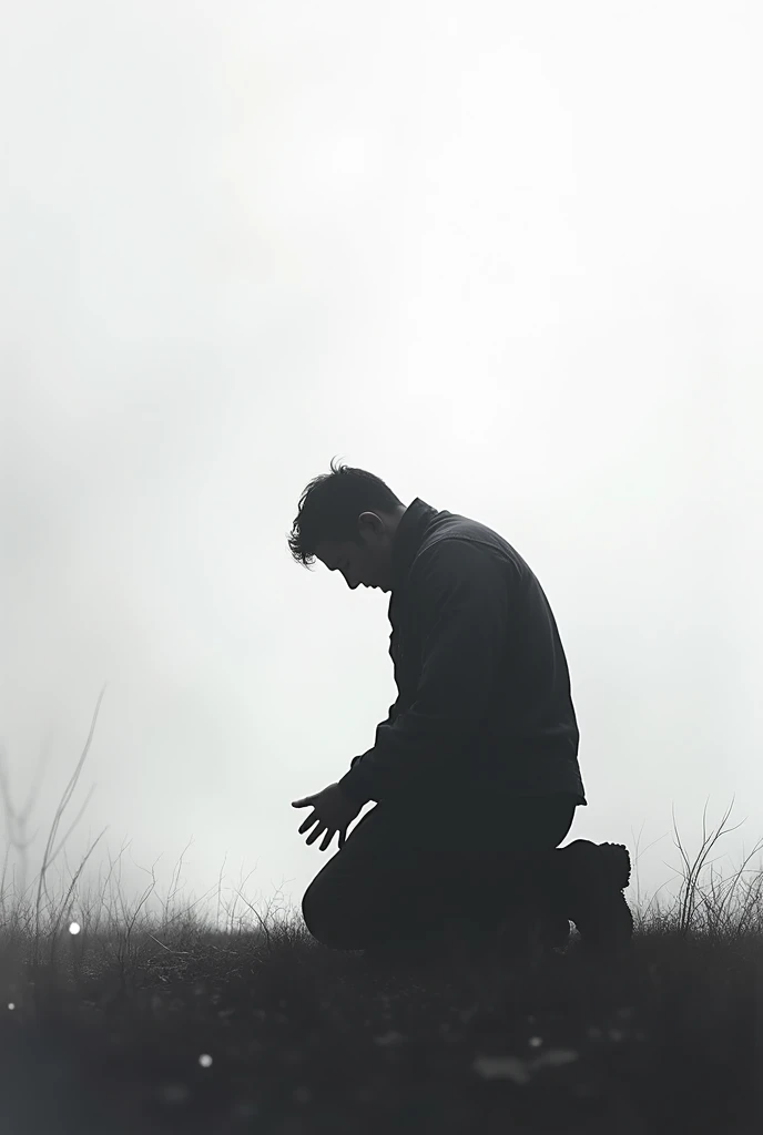 Send me an image of a silhouette of a man on his knees and with his spirits on the ground, in a white and grey environment, after knowing that the world has little time left before succumbing to extinction

