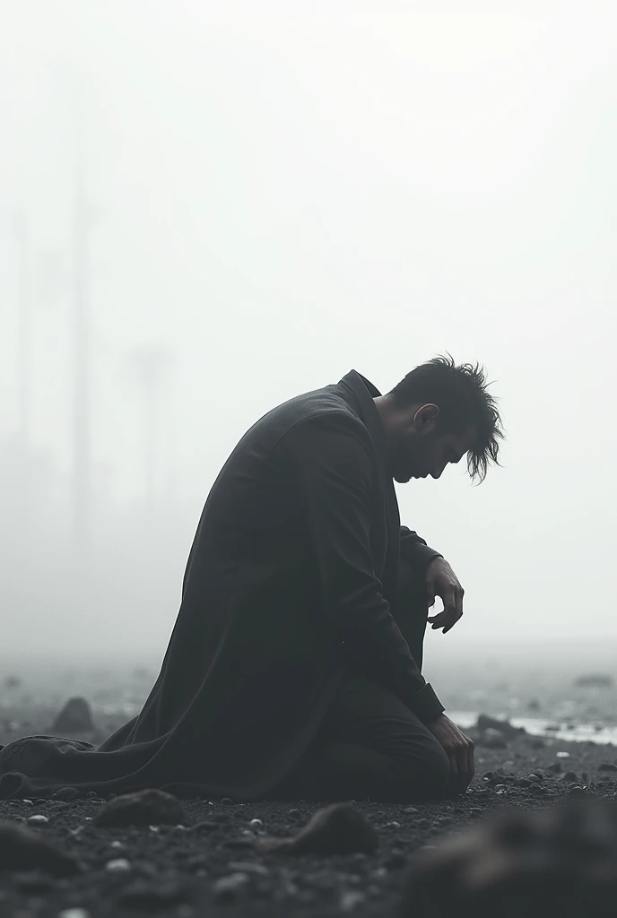 Send me an image of a silhouette of a man on his knees and with his spirits on the ground, in a white and grey environment, after knowing that the world has little time left before succumbing to extinction
