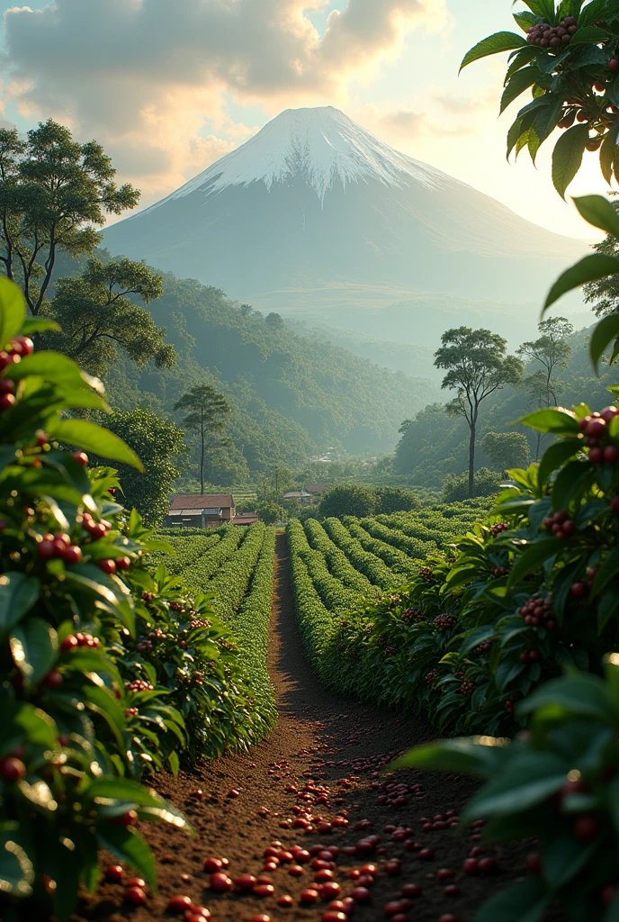 (best quality,4k,8k,highres,masterpiece:1.2),ultra-detailed,realistic,portraits,green,beautiful,coffee plantations,red coffee berries,rich soil,dew-covered leaves,morning sun,kilimanjaro backdrop,warm golden light,artistic,emerald,coffee bean fields,dense,abundant shade,cool breeze,harvest season,ripe cherries,fresh aroma,coffee lovers,ethereal,vibrant,serene,tranquil,peaceful,indulgent,caffeine,aromatic,fertile soil,coffee hamlet,quaint,farmers,proud,baristas,cultivation,hand-picked,brewing tradition,artisanal craftsmanship,coffee cup,fragrant steam,journey of flavors,caffeination,remote location,distant mountains,cascading waterfalls.