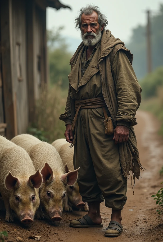 DIRTY MAN WITH TORN CLOTHES, the way,NEXT TO SEVERAL PIGS EATING THE PIG BREED,