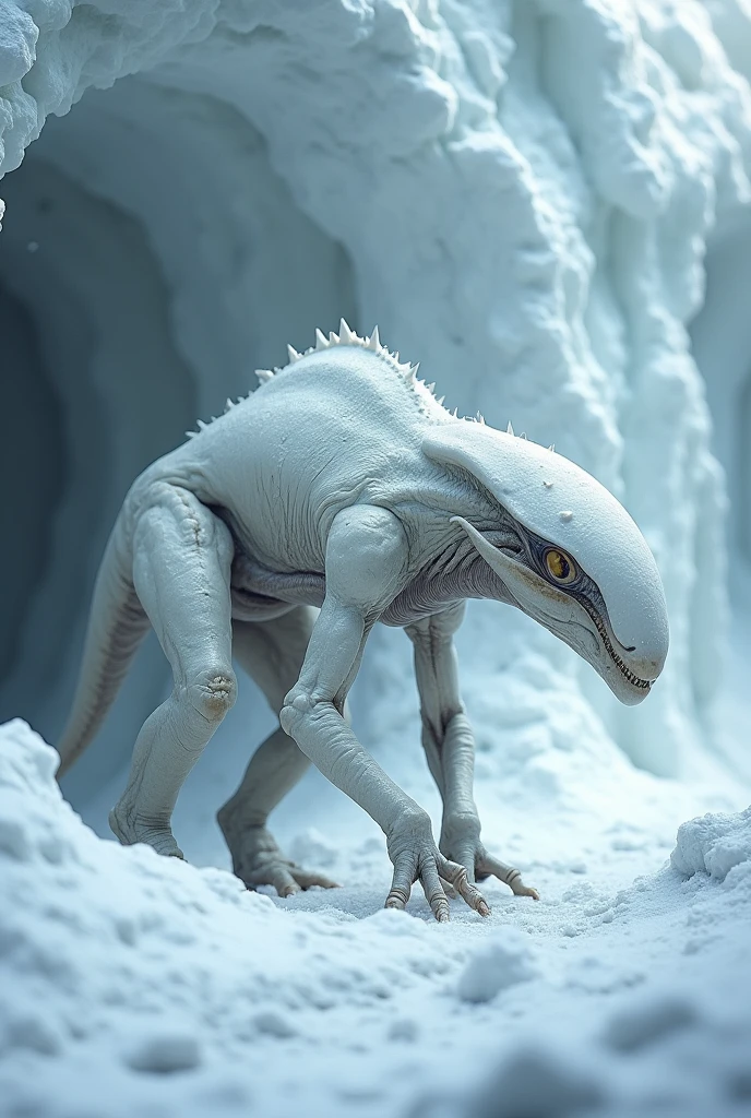 An alien creature that lives in the snow. It has 4 short legs with 2 powerful ones, a very long snout and a camouflaged white fur and nose. It is a predator of a smaller size. Make it in a snowy tunnel that it is digging