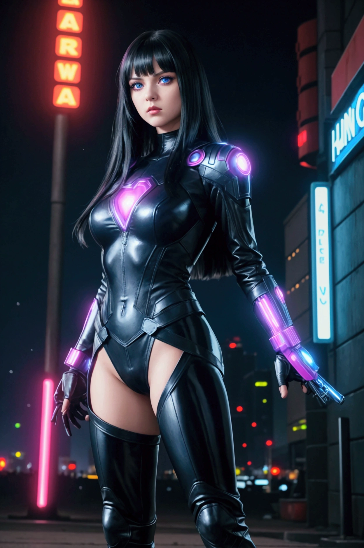 Realistic 4k full body portrait, slim 18s girl, long straight black hair, long bangs. The girl is an Avenger, she has a superheroine leather suit. She has weapons in both hands. Her face is cute and she has big blue eyes. The background is a very realistic night Cyberpunk city with lots of magenta and blue bright neon signs.