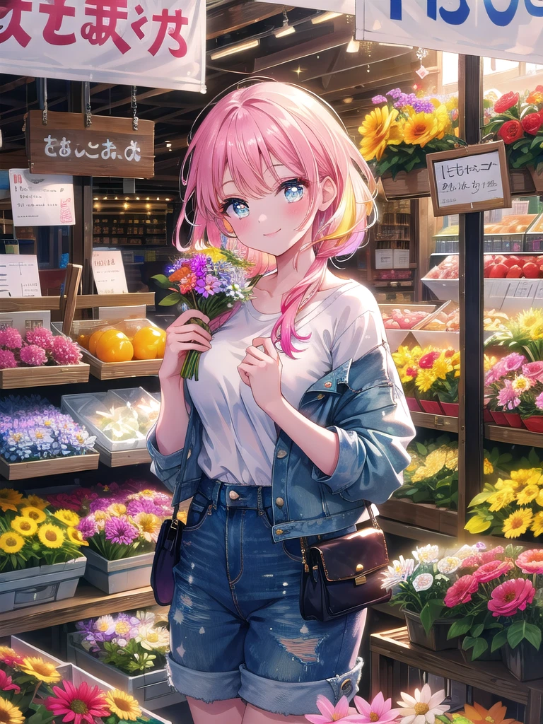 ((8k, Highest quality, masterpiece: 1.3)),Ultra-high resolution,(1 girl, alone), (Color changing eyes, Ultra-detailed, Expressive brilliance, Glitter, Glowing Eyes), Highly detailed eyes, Highly detailed face, Random Hair, ((pastel colour))Shopping at the Market
In the bustling atmosphere of an outdoor market, the woman is browsing a stall filled with fresh flowers. She’s wearing a casual denim jacket over a white t-shirt and high-waisted shorts, with a crossbody bag slung over her shoulder. Her hair is down, catching the light as she turns to smile at the camera. The market is alive with colors and activity, with people moving around and the scent of fresh produce and flowers in the air.