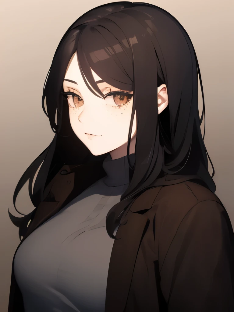 a female character, long dark hair, dark eyes, with freckles, with white skin color