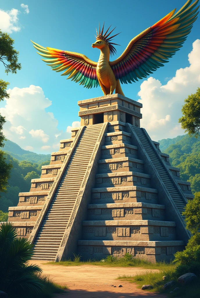 Quetzalcoatl on top of a Mayan pyramid of 365 steps surrounding the pyramid