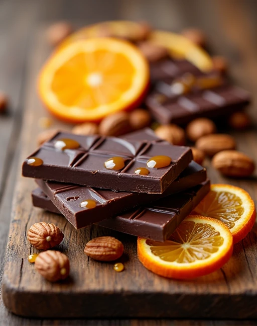 chocolate with thin orange slices nuts caramel on wooden board