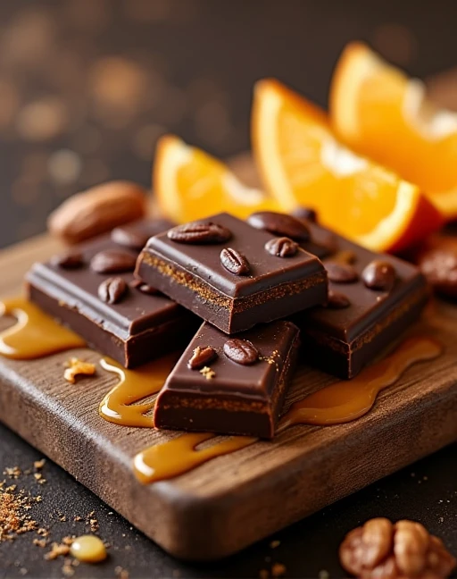 chocolate with thin orange slices nuts caramel on wooden board
